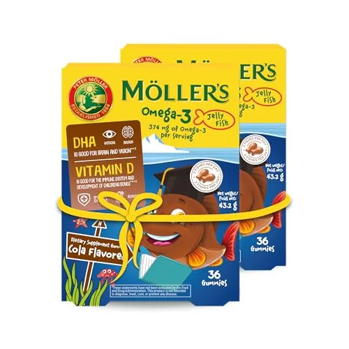 Moller’s ® | Omega 3 para niños | Omega-3 Cápsulas de Aceite de Pescado con Ácidos Grasos Omega 3 | Con DHA y EPA, Sin Gluten, Sin Lactosa, Sin Azucares Añadidos | Cola | 72 Uds