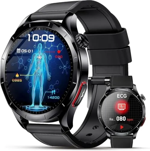 Lgnitek 2026 ECG Reloj Inteligente Hombre con Tension Arterial/HRV/BMI | 1.43“ AMOLED Smartwatch con 24H Presión Arterial Pulsómetro SpO2 Temperatura Corporal Monitor de Sueño Pulsera ,Android iOS