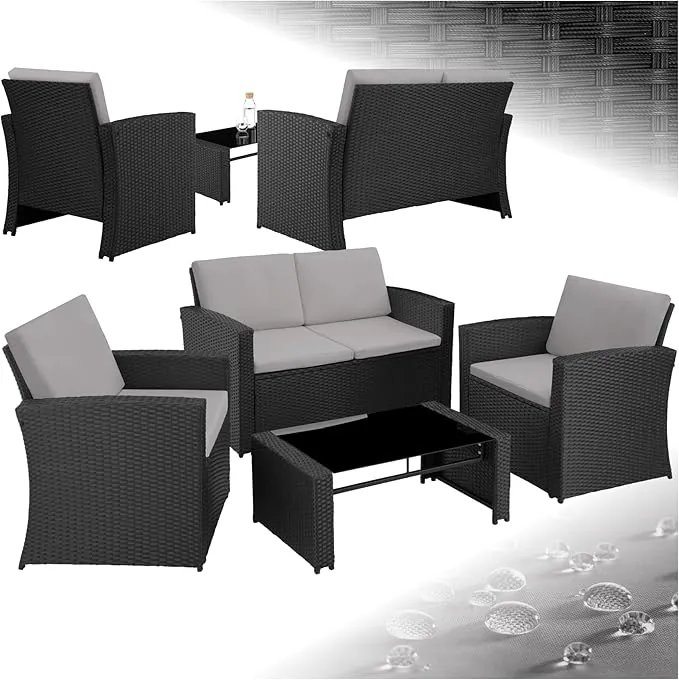 tectake® Conjunto Jardín de Ratán y Acero, Muebles Jardín Exterior, 2 Sillones, 1 Sofá, 1 Mesa con Cristal, Conjunto Terraza Resistente a Intemperie, con Cojines, Fundas Extraíbles - Negro/Gris