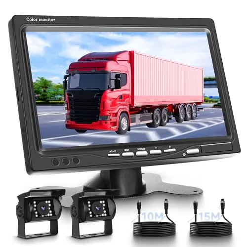Rimoody Cámara de Marcha Atrás de Coche con 2 Cámaras,HD 1080P Monitor de 7 Pulgadas IP68 Impermeable 18IR Visión Nocturna Camara Trasera con 10M+15M Cable para Camping Car/Truck/RV/Remolques/Agrícola