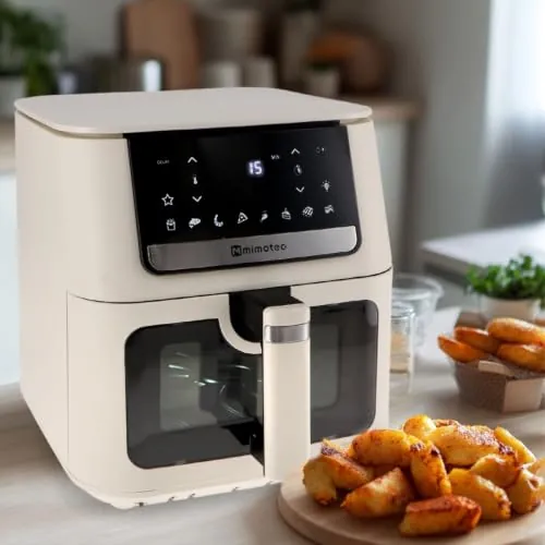 M mimotec - Air Fryer Tech 9L, Freidora de Aire sin Aceite, 1700W, 8 Menús, 40-200°C, Pantalla táctil, Memoria de Ajustes, Luz Interior, Funcionamiento Silencioso y Piezas Lavables
