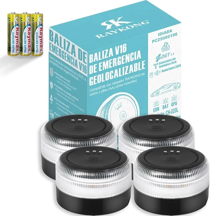 RAYKONG Baliza V16 Geolocalización DGT 3.0 | 2ª Generacion con indicadores LED | Luz Emergencia Coche - Moto Homologado por DGT | SIM y Datos Pagados hasta 2038 | 4 Unidades