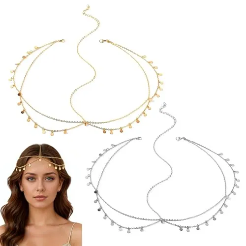 XFSRG 2 Piezas Cadena Cabeza Dorada y Plata Cadena para la Cabeza Bohemia con Lentejuelas y Borlas Cabeza de Diosa Tocados de Pelo Boda para Mujer Niña Accesorios Cabello Fiesta Boda Bailes Festival