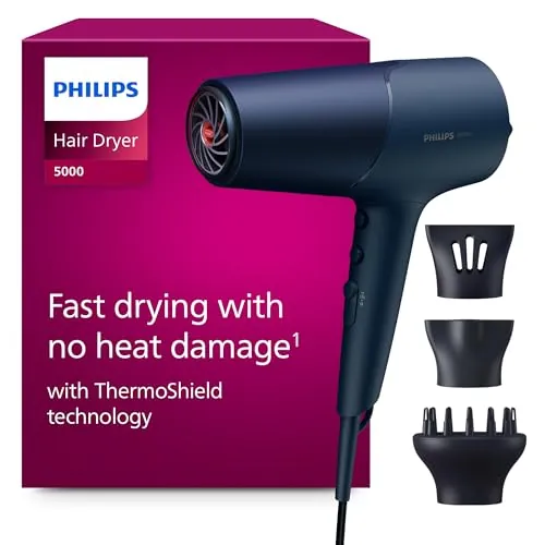 Philips Secador de Pelo Serie 5000, 2300w, con Tecnología ThermoShield, Boquilla UltraEstrecha, Boquilla Estrecha y Disfusor, BHD510/20, Negro