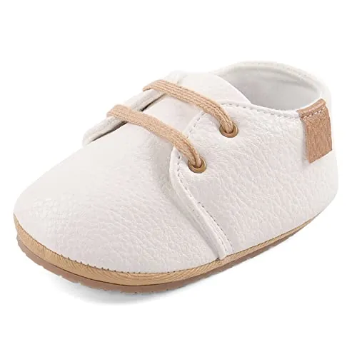LACOFIA Zapatos Oxford con Cordones para Bebé Niños Zapatillas Primeros Pasos Antideslizantes para Bebés Blanco 6-12 Meses