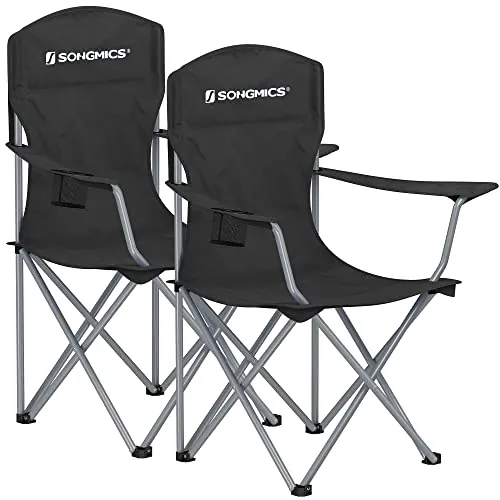 SONGMICS Sillas de Camping, Juego de 2 Sillas de Exterior, Respaldo Alto, Apoyabrazos, Bolsillo para Tazas, Portátil, Plegable, Carga de 150 kg, Acampada, Jardín, Pesca, Terraza, Negro GCB08BK