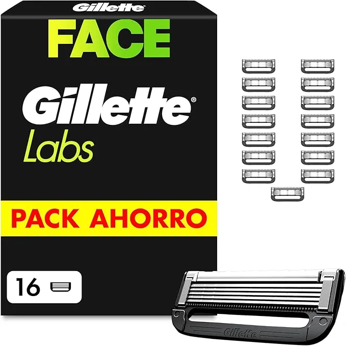 GilletteLabs Recambios para Maquinillas de Afeitar, Pack de 16 Cuchillas de Afeitar con 5 Hojas Y Banda Lubricante, Compatible con Todas Las Maquinillas Gillette Labs