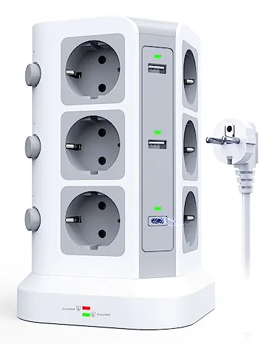 KOOSLA Regleta Vertical 20W USB-C, 12 Enchufes, 2M, Blanco | 12 Enchufes, 2 USB-C PD/QC3.0, 4 USB-A, 3680W/16A, Cable 2M, Oficina, Hogar