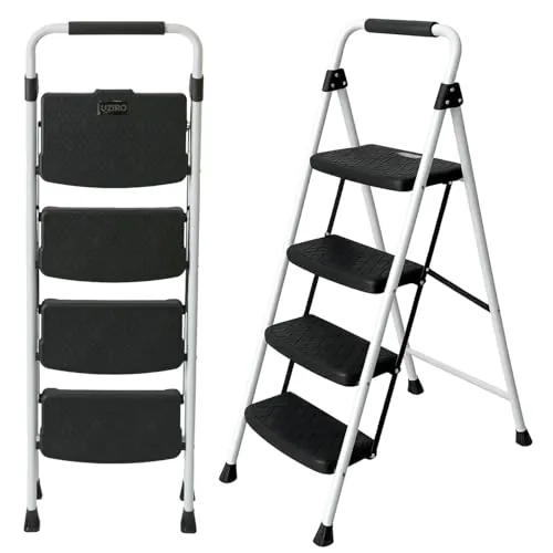 UZIRO Escalera Plegable 4 Peldaños, Blanco, Antideslizante