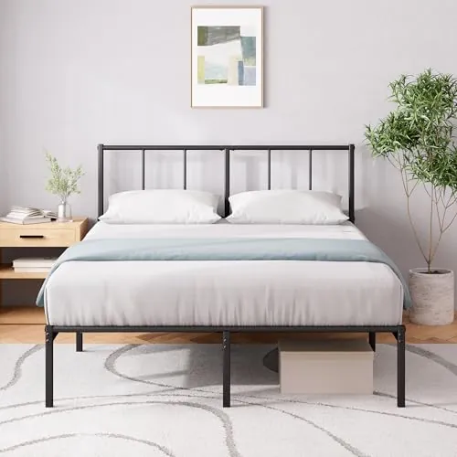 Zinus Justin Somier 135x190 cm - Altura 30 cm - Base Cama Matrimonio en Acero con Cabecero - Láminas de Metal - Montaje Fácil- Espacio de Almacenamiento - Negro