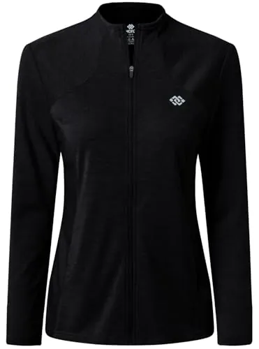 MoFiz Chaqueta Deportiva Mujer Sudadera Ligera de Manga Larga Transpirable con Cremallera Completa Cuello Redondo sin Capucha Camiseta de Running Fitness Yoga Negro L