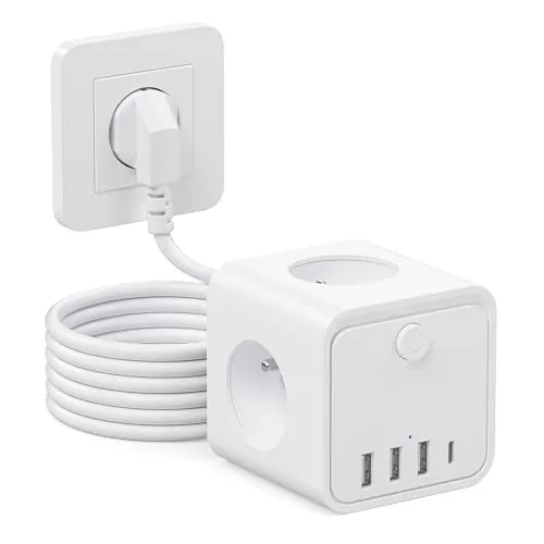 Regleta Enchufes, 7 en 1 enchufes con USB de Pared 3 Tomas, con Interruptor Cable 2m Regleta con USB Ideal para Sala de Estar Oficina Dormitorio