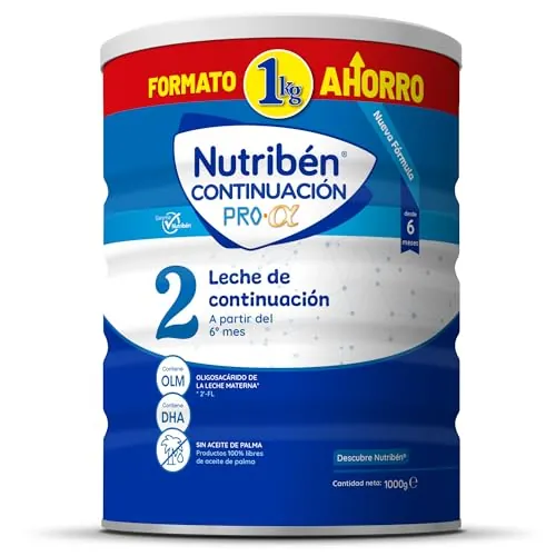 Nutribén Continuación Pro Alfa 2 - Leche en Polvo Bebé Continuación - Leche de Fórmula a Partir de los 6 Meses - sin Aceite de Palma - con Cacito Dosificador Incluido - con DHA y OLM - 1 Bote de 1KG
