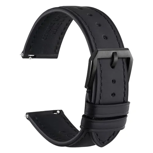 WOCCI 22mm Correa de Reloj, Cuero Genuino, Liberación Rápida, Hebilla Negra (Negro)
