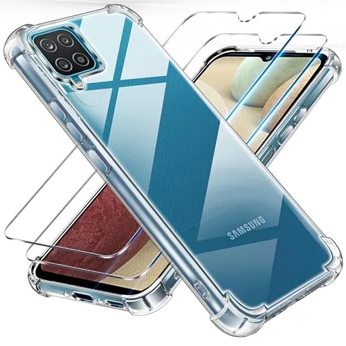 Tentoki Funda para Samsung Galaxy A12 5G / M12, 2 Piezas Cristal Templado | Carcasa Protectora con Cojín de Aire Esquina Integrado, Antichoque, Anti-Amarillo, Transparente