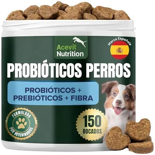 Probióticos Perros, 150 uds, 100% Natural con 2 Billones UFC, Prebióticos y Fibras Funcionales, Combate Diarrea, Gases y Vómitos, Refuerza Flora Intestinal e Inmunidad | Acevit Nutrition