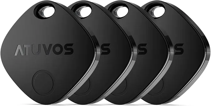 ATUVOS Air Tag Smart Tracker 4 Pack Negro, Buscador de Objetos Bluetooth Funciona con Buscar Apple (Sólo iOS, Android no Compatible), Localizador para Llaves, Maletas, Equipaje. Batería Reemplazable.