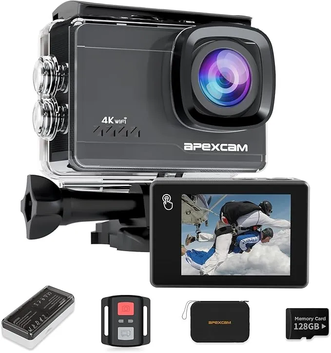Apexcam M90 cámara Deportiva 4K/64MP con 128G Tarjeta cámara acción EIS con Pantalla táctil WiFi 8X Zoon cámara Sumergible subacuática 40M y Mando a Distancia con Dos 1350*baterías y Otros Accesorios