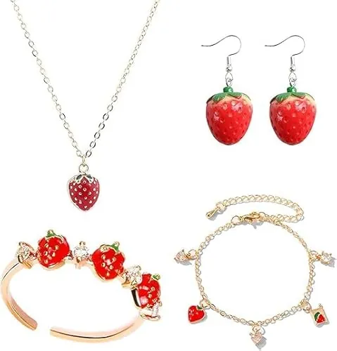 YUEXNKO Fresa Niña Joyas Set, Pendientes de Fresa, Collar de Fresa, Anillos de Fresa Roja, Fresa Pulsera, Fresa Pendientes, Pendientes de Mujer, Regalos de Joyería para Niñas y Mujeres (Rojo B)