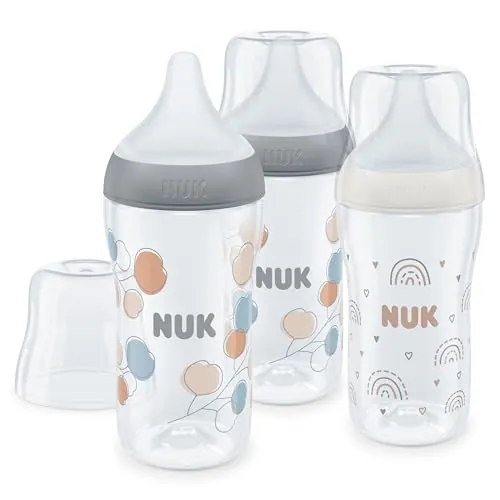 NUK Perfect Match Set de biberones | +3 meses | Se adapta al paladar | Control de temperatura | Ventilación anticólico | 260 ml | Sin BPA | Tetina de silicona mediana | Arcoíris y Ramita | 3 uds.
