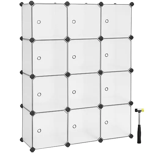 SONGMICS Estantería Modular de 12 Cubos, de Plástico con Puertas | Armario Modular, Fácil de Montar, para Zapatillas, Ropa, Libros, Blanco Nube, Colección Damion LPC342W01