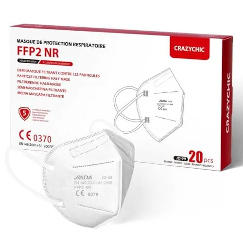 CRAZYCHIC - 20 Mascarillas FFP2 NR Blanca - Certificada CE EN149 - Mascarilla de Protección Respiratoria Antipolvo - 5 Capas Alta Filtración - Hipoalergénica - Envasado Individual - Paquete 20
