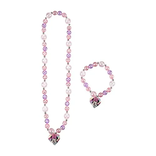Pack de Bisutería de Minnie Mouse - Color Rosa - Ideales para Decorar los Outfits - Dos Piezas - Collar y Pulsera con Perlas de Colores - Producto Original Diseñado en España