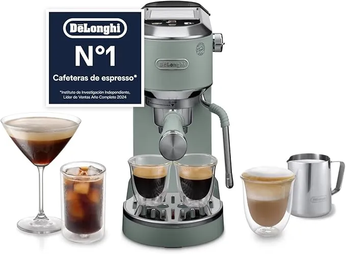 De’Longhi Dedica Duo – Perfetto Cafetera Espresso Manual Compacta con Espumador de Leche Manual, para Espresso, Cappuccino y Cold Brew, Iconos Táctiles en Color, Ancho 15 cm, Verde (EC890.GR)