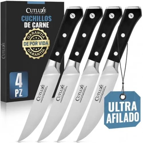 Cutluxe Juego 4 Cuchillos para Carne de Borde Recto – Acero Alemán | Hoja extra afilada a mano; espiga completa y mango de Pakkawood triple remachado; más de 56 HRC
