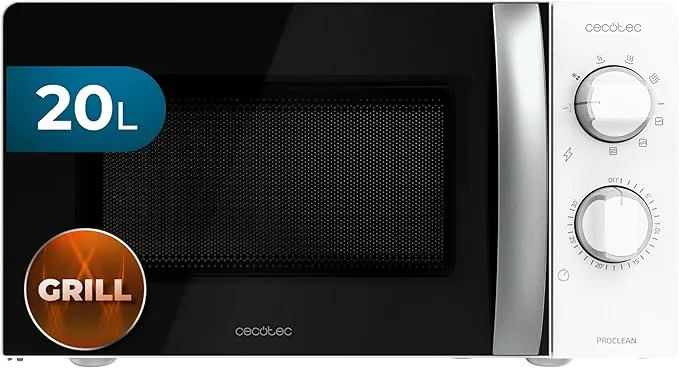 Cecotec Microondas con Grill ProClean 2110. 700W con 6 Niveles de Potencia, Capacidad 20 L, Función Grill, Tecnología 3DWave, Modo Descongelación, Temporizador hasta 30mins