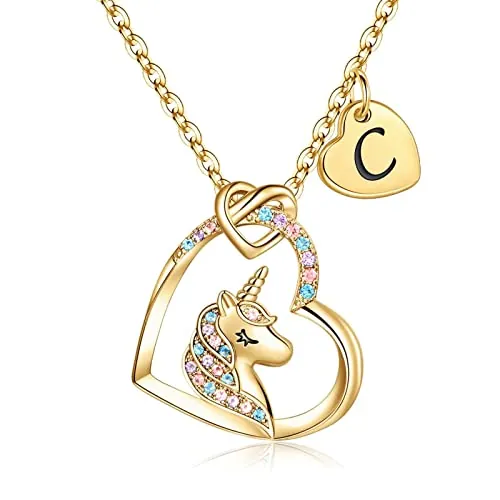 TINGN Regalo para Niñas Collar de Unicornio, Chapado en Oro de 14 Quilates CZ Corazón Colgante, Cadena Oro Inicial Joyería Regalos de Cumpleaños para Mujer