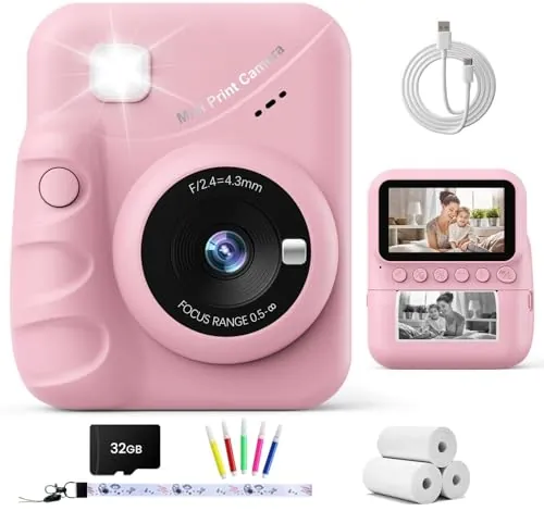 TIATUA Cámara Fotos Infantil Instantánea, 3,0" 48MP Selfie, Rosa