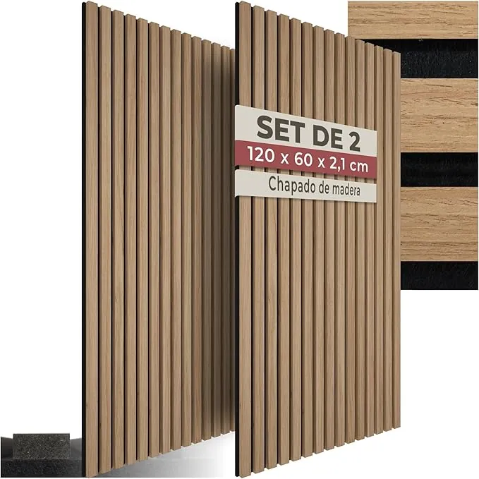 tectake® Paneles Acusticos Decorativos MDF, Chapa de Madera Real, Excelente Acústica, Tejido de Fieltro y Madera, Insonorización Acústica Pared - 60 x 120 x 2,1 cm 2 Paneles Roble
