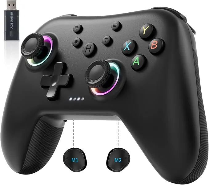 AceGamer Aurora 2.4G Mando inalámbrico para PC Windows/Switch 2/Switch/Steam/iOS/Android, Mando para PC con joystick de efecto Hall, Botón trasero programable, Actuador resonante lineal, Turbo, Negro