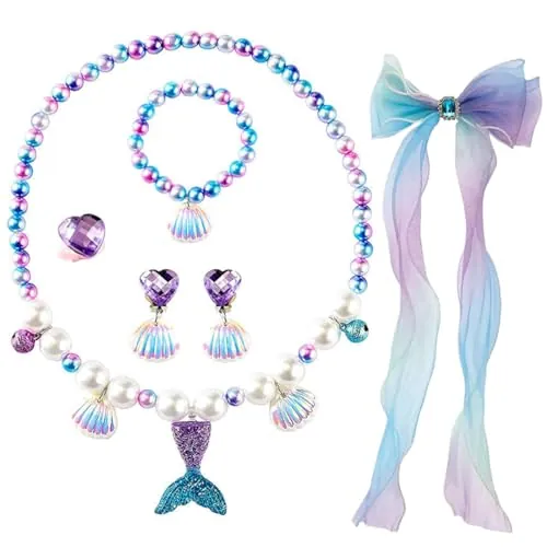 6 Piezas de Joyas de Sirena para Niñas, Collar de Joyería de Sirena para Niños, Anillos, Pulseras, Pendientes, Horquilla, para Regalo de Cumpleaños de Fiesta de Niñas