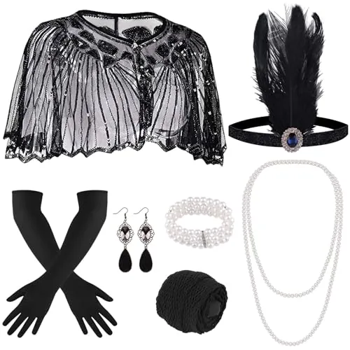 ELECLAND 10 Piezas 1920s Flapper Gatsby Accesorios Set Moda Roaring 20's Theme Set con Diadema Tocado Largo Negro Guantes Collar Pendientes para Mujer