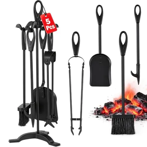 AMAGABELI GARDEN & HOME Utensilios Chimenea 5 Piezas accesorios estufa leña Set clásico para chimenea Kit de Chimenea Atizador Escoba Pala y Soporte Negro