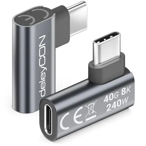 deleyCON Adaptador USB-C Acodado 90° Plano (2 Unidades) - 40 Gbps, 240 W, 8K60Hz, USB 4.0, Carcasa de Aluminio, Conector USB-C a Puerto USB-C - para Smartphone, Tablet, Portátil, MacBook, PS5, etc.