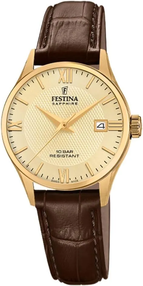 Festina Swiss Made Reloj Mujer Analógico de Cuero Marrón - Movimiento de Cuarzo - Cristal Zafiro - Resistente al Agua 10 ATM - Elegante, Clásico y Vintage - Calendario F20011/6 - Classic Leather