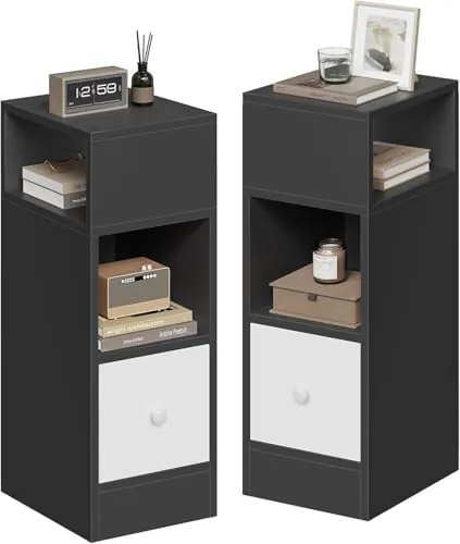 EUGAD Mesitas de Noche Pack 2 Estrechas Gris Oscuro con 2 Compartimentos y 1 Cajón, 25x30x66 cm, Mesillas Auxiliares para Dormitorio Pequeño y Salón Espacios Reducidos, Moderno Madera, 0010CTG-2