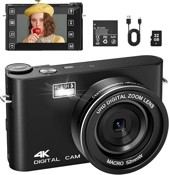 Camara de Fotos 4K 48MP, Camara Fotografica con Tarjeta TF 32GB, Pantalla Táctil, Función MP3, 16X Digital Zoom, Vlogging Camara Fotos Digitals Compacta para Principiantes, Estudiantes Viajar (Negro)