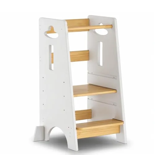 COSYLAND Torre de Aprendizaje para Niños - Torre de Aprendizaje de Madera para Bebés de 1 a 6 Años - Altura Ajustable en 3 Niveles - 80CM - Blanco Clásico y Natural