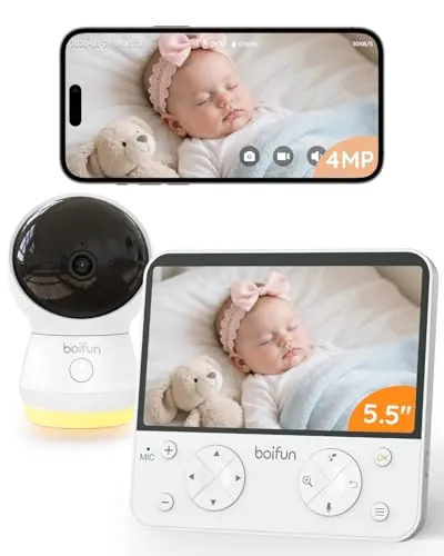 BOIFUN 5.5" 2.5K/4MP Cámara Vigilancia Bebé con WiFi y App, IA Alerta de Cara Tapada y Sueño Seguro, 360° Seguimiento Automático, Visión Nocturna Invisible, Audio Bidireccional y Luz Nocturna Infantil