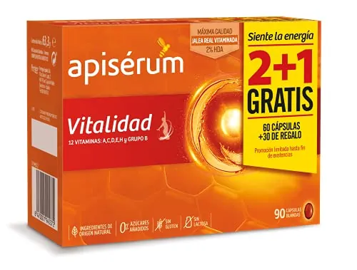 Apisérum Vitalidad, Cápsulas con Jalea Real y Vitaminas, Pack Ahorro 90 Uds