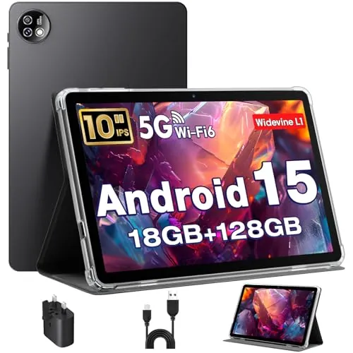 Tablet 10 Pulgadas, Tableta Android 15 con Funda, Unisoc T30 Quad-Core, 18 GB RAM + 128 GB ROM + 1 TB TF, Pantalla HD IPS 1280x800, Cámara Dual 5MP + 8MP, 6000 mAh, WiFi 6, BT 5.0 (Cargador UK)