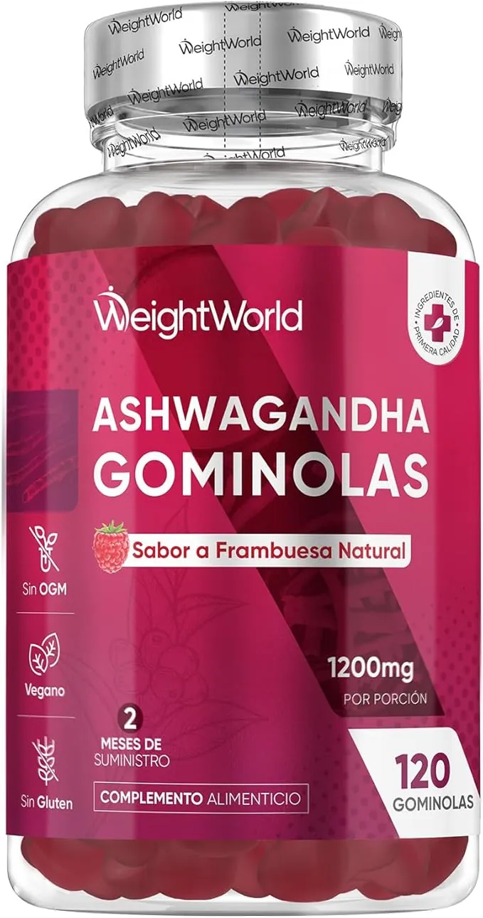 Ashwagandha Gominolas 1200mg - 120 Gomitas Veganas con Sabor a Frambuesa - Suplemento Ayurveda de la Withania Somnifera, Sin Gluten, Sin OGM y Keto para 2 Meses