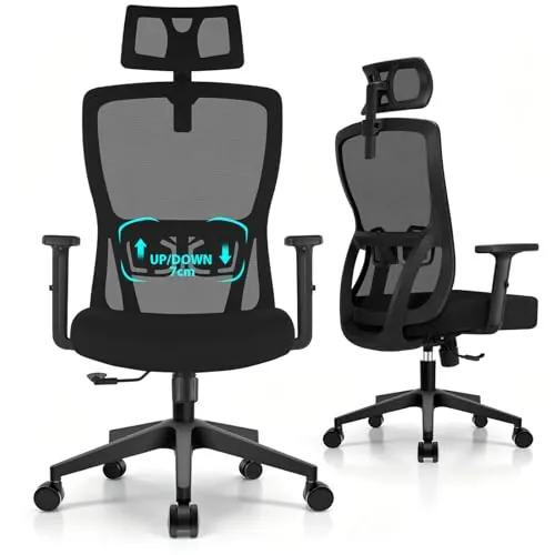 Durrafy Silla de Oficina Ergonómica con Reposacabezas Ajustable, Reposabrazos, Soporte Lumbar, Altura Regulable y Oscilación de 130°, Silla de Escritorio con Capacidad de Carga de 150 kg