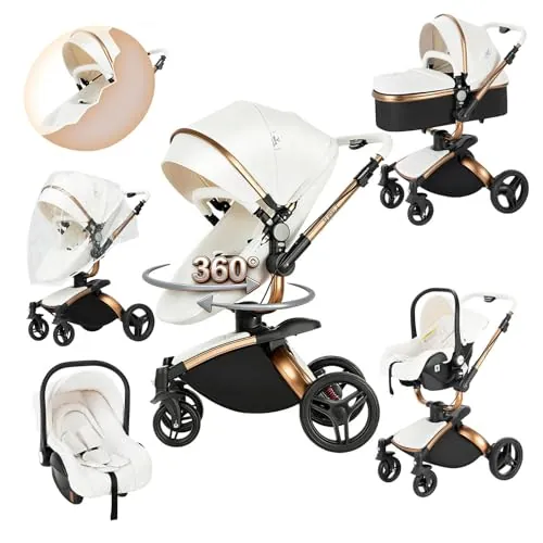 Magic ZC 360° Rotación Cuero PU Carrito Bebe 3 en 1, Carro 3 Piezas con Diseño Portátil Plegable de Un Clic, Cochecito Tres Piezas Carricoche Bebe con Empuje Reversible de Dos Vías (906 White)