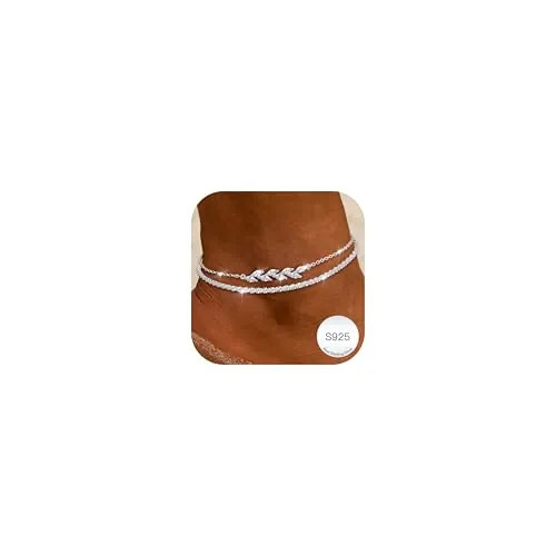 LOLIAS Tobilleras de Plata para Mujer Ajustable Corazón CZ Cuentas Mariposa Tobilleras Dobles Joyas de Pie de Playa Regalos para Mujeres Niñas