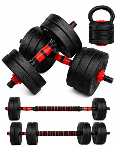 unycos - Juego de Mancuernas Ajustables 4 en 1 15 kg con Barra de Conexión, Kettlebell y Soportes para Flexiones, Discos de Cemento Recubiertos, Pesas para Gimnasio en Casa (Red Transformer)